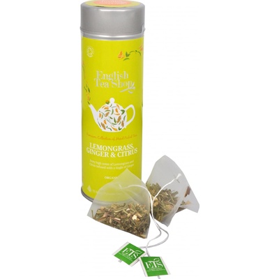 English Tea Shop Bio Citrónová tráva zázvor a citrusy 15 kusov biologicky odbúrateľných pyramidek čaju v recyklovateľné plechovej dóze 30 g