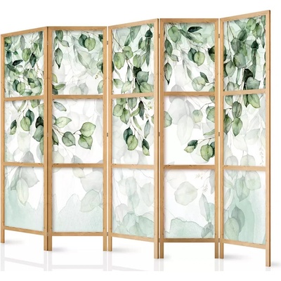 Fabulo Dřevěný paraván 5-dílný Zelené listy 172 x 225 cm potisk na jedné straně paravánu