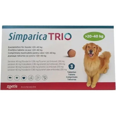 Zoetis Simparica Trio - Симпарика Трио, за кучета с тегло от 20.1 до 40 кг, кутия 3 броя