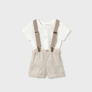 MAYORAL Комплект къс панталон лен бежов с тиранти и бяла риза за бебе момче Майорал