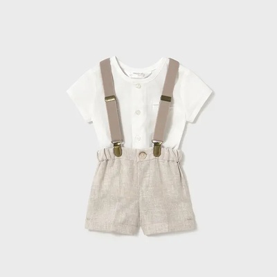 MAYORAL Комплект къс панталон лен бежов с тиранти и бяла риза за бебе момче Майорал