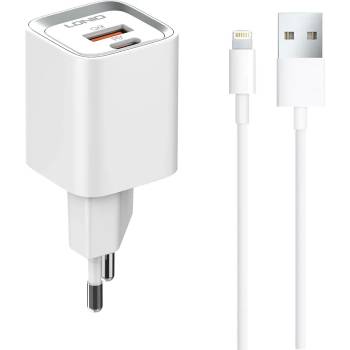 LDNIO Мрежово зарядно устройство LDNIO A2318C, 20W, 1 x Type-C F, 1 x USB F, PD, QC, С Lightning кабел, Бял - 40290 (40290)