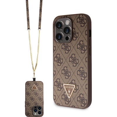 GUESS PU 4G Strass Triangle Metal Logo Case With Crossbody Strap - дизайнерски кожен кейс с връзка за носене през врата за iPhone 15 Pro Max (кафяв)