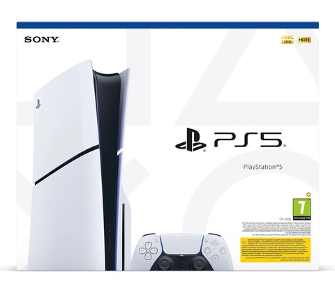 playstation-5-slim, pohled na konzoli a ovladač vedle sebe