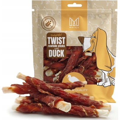 MERSJO Twist prírodné žuvacie kosti z kože s mäsom z kačacieho mäsa pre psa 500 g