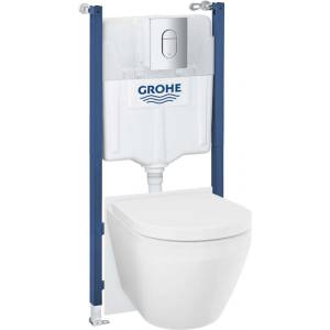 GROHE Solido - Комплект за монтаж пред стена, тоалетна чиния Euro Ceramic, седалка SoftClose и бутони Arena Cosmopolitan, Triple Vortex, хром 102517SH00 (102517SH00)