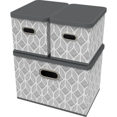 HomeLife 5105 Úložný box s vekom list sivá / biela sada 3 ks