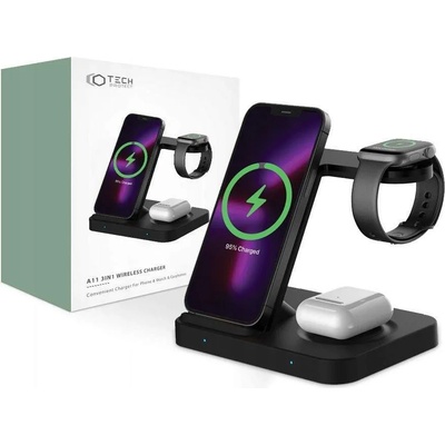 Tech-Protect 3-in-1 Wireless Charger A11 - тройна поставка (пад) за безжично зареждане за iPhone, Apple Watch, AirPods и Qi съвместими устройства (черен)