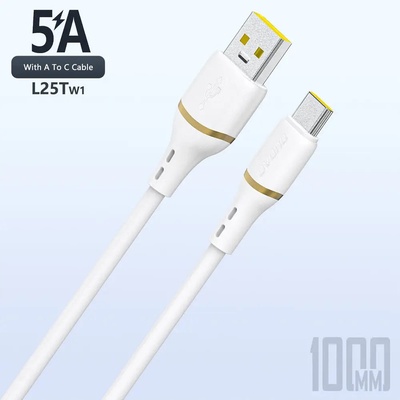Силиконов кабел Dudao L25T USB-A - USB-C 5A 1m - Бял (L25T)
