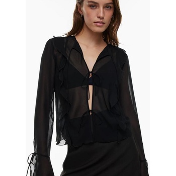 Полупрозрачна мрежеста риза с набраздени ръкави, черна