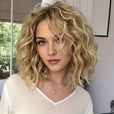Webshaiy Medově blond paruka pro ženy, kudrnatá vlnitá vrstvená bob paruka po ramena s ofinou,