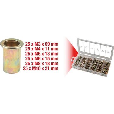 KS tools Sortiment závitových nitov, oceľ, M3x9mm-M10x21mm, 150-dielny, 970.0610