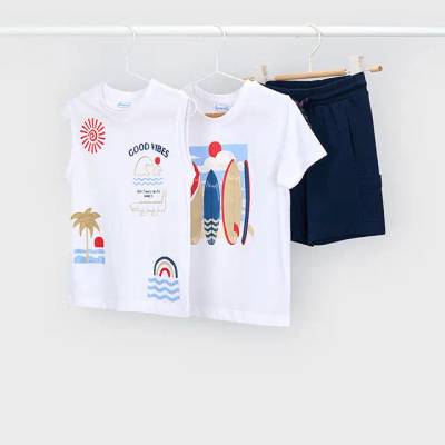 Mayoral Комплект бяла тениска, бял потник с щампи и тъмносини къси панталони за мини момче Mayoral