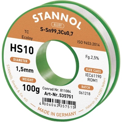 Stannol HS10 2510 bezolovnatý pájecí cín cívka Sn99,3Cu0,7 ROM1 100 g 1.5 mm