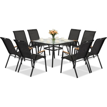 Garden Point Комплект черни метални градински мебели Modena/Bitonto Wood за 8 души с квадратна маса Garden Point (GAP1077-8)