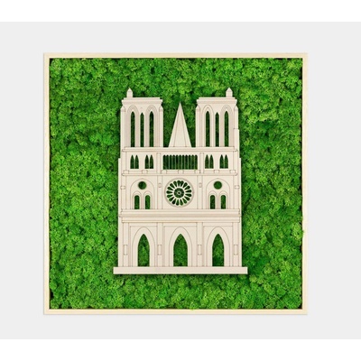 Lišejníkový obraz s dřevěným světovým monumentem Bílé dřevo, Notre Dame
