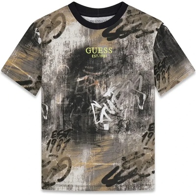 GUESS Тениска в кафяво и черно за момче с графити и жълт надпис Guess