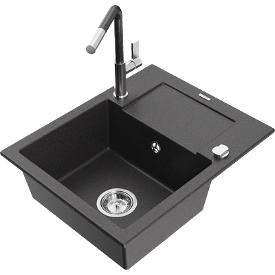 Mexen Enzo гранитна мивка с 1 мивка и отцедник с кухненски смесител Flora, черен на точки - 6506-76-670401-08 (6506-76-670401-08)