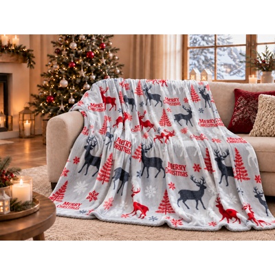 Textilomanie Vánoční Mikroplyš deka MERRY CHRISTMAS DEER šedá 200x220