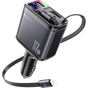YESIDO Автомобилно зарядно 4в1 - Yesido Y63 - 2× прибиращи кабели, LED светлина, fast charge 117W - Сиво