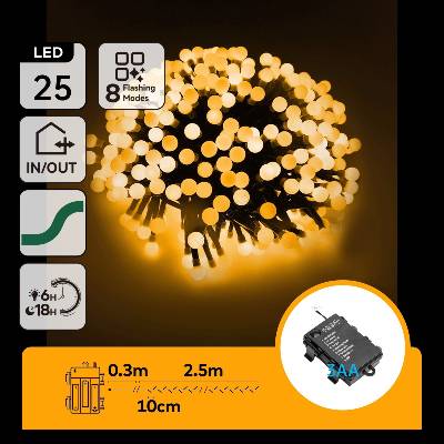 Aigostar - LED коледна гирлянда за външна употреба, 25 x LED / 8 режима, 3 x AA, 2, 8 m, IP44, топла бяла (AI2419)