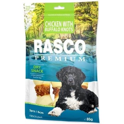 Rasco Premium byvolia koža obalená kuracím mäsom uzly 6 cm 80 g