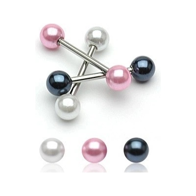 Šperky eshop ocelový piercing do jazyka s barevnými perleťovými kuličkami SP09.09 bílá