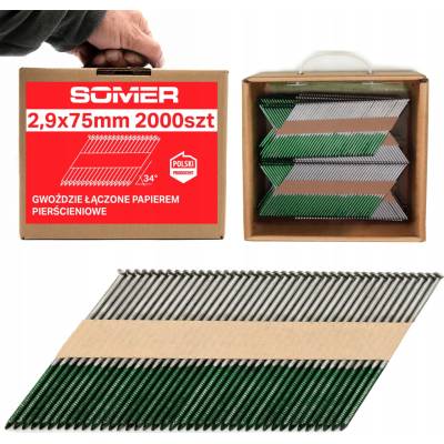 Klince spájané papierom 34°, prstencové 75 mm, 2,9 mm, 2000 ks