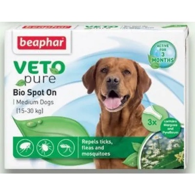 Beaphar VetoPure Bio Spot on - Ветопюр пипети за защита от бълхи и кърлежи за кучета от 15 до 30кг. , 3 броя в кутия