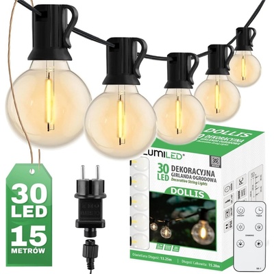 Záhrada Girland Vonkajšie osvetlenie Reťaz 15,2 m 30x LED okrasné korálky 3000K + diaľkové ovládanie DOLLIS LUMILED
