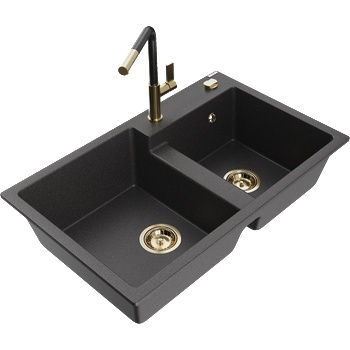 Mexen Tomas двоен гранитен кухненски мивка с кухненски смесител Flora, черен накрапян - 6516-76-670401-75-G (6516-76-670401-75-G)