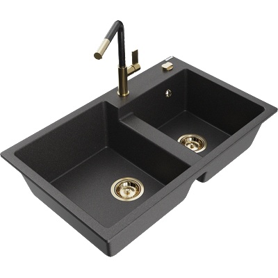 Mexen Tomas двоен гранитен кухненски мивка с кухненски смесител Flora, черен накрапян - 6516-76-670401-75-G (6516-76-670401-75-G)
