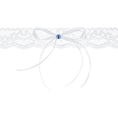 Podvazek svatební bílý, krajka s bílou mašličkou a modrým kamínkem – Zboží Mobilmania