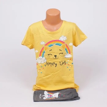 Image 1 of Лятна детска пижама в жълто и тъмносиво с коте и дъга