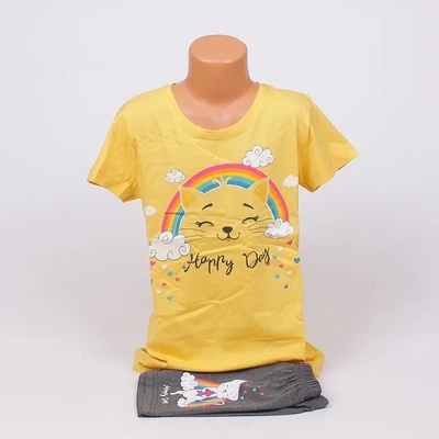 Лятна детска пижама в жълто и тъмносиво с коте и дъга