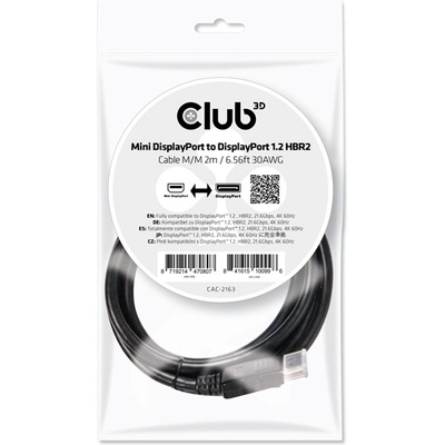 Club 3D Кабел Club 3D - CAC-2163 (Mini DisplayPort към DisplayPort 1.2, 2 м, 4K 60Hz, двупосочен, 21, 6 Gbps, със заключване) (CAC-2163)