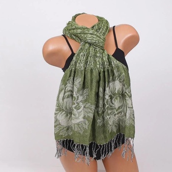 Image 1 of Стилен шал в зелено с цветя и ресни