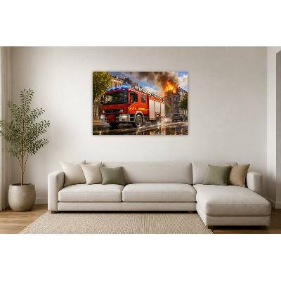 Obraz na plátně – Hasičské auto u hořící budovy 135 × 90 cm