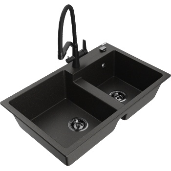 Mexen Tomas двукоморна гранитна мивка с кухненски смесител Duo, черен/златен металик - 6516-75-671701-70-B (6516-75-671701-70-B)