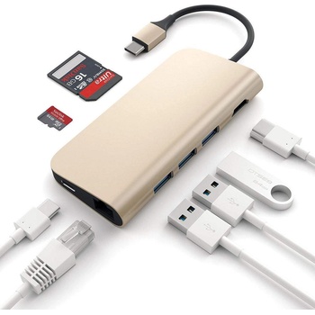 Satechi USB-C Aluminum Multiport Adapter - мултифункционален хъб за свързване на допълнителна периферия за компютри с USB-C (златист)