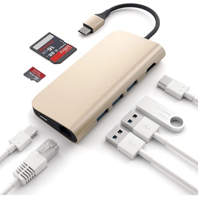 Satechi USB-C Aluminum Multiport Adapter - мултифункционален хъб за свързване на допълнителна периферия за компютри с USB-C (златист)