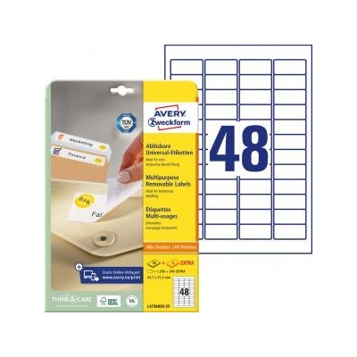 Etikety univerzálne odnímateľné 45,7x21,2mm Avery A4 25+5 hárkov