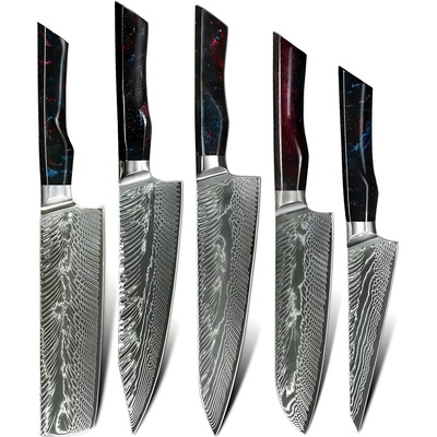 HARAHU Комплект кухненски ножове дамаск yo-37407 - Червена / Синя kp37407 (yo-37407)