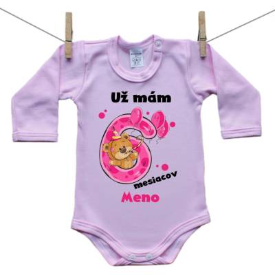 Boodyy Ružové body s dlhým rukávom Už mám 6 mesiacov s Medvedíkom a menom dieťatka Dievča