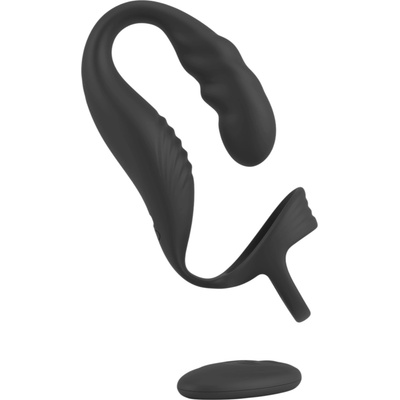 Rebel - простатен вибратор с пенис и тестис ринг (черен)