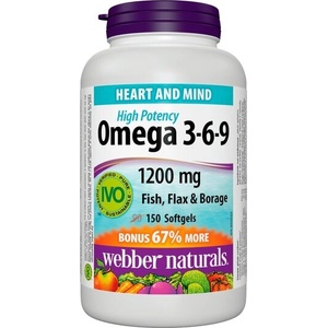Webber Naturals Омега 3-6-9 есенциални мастни киселини - Хормонален баланс, сърдечна и мозъчна функция, 1200 mg х 150 софтгел капсули (3876 WN)