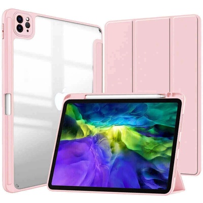 SES 2v1 Smart flip cover+zadný silikónový ochranný obal s držiakom pero Apple iPad 10.2 2020 8. generace svetlo ružový 12243