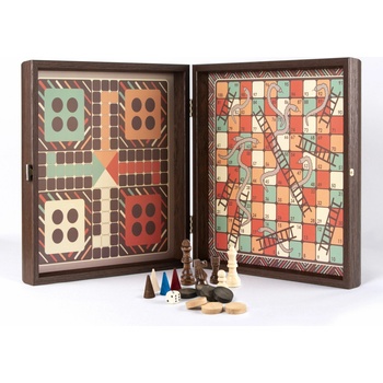 Drevený šach Vintage (4v1 Šach, Backgammon, Ludo & Snakes)