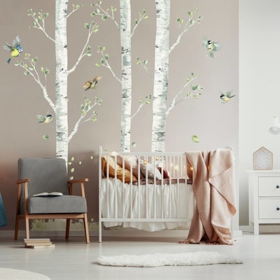 INSPIO 9212f Samolepka na zeď - Břízy s ptáčky, velikost 90 x 140/130 cm