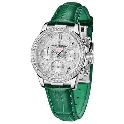 Pagani design Дамски часовник Pagani Design Cheri с кристали, Естествена кожа, Зелен (PD-1730-GREEN)